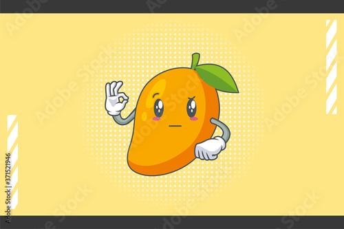 REALLY, ATTENTIVE, Curios Face Emotion. OK Nice Hand Gesture. Yellow Mango Fruit Cartoon Drawing Mascot Illustration.
