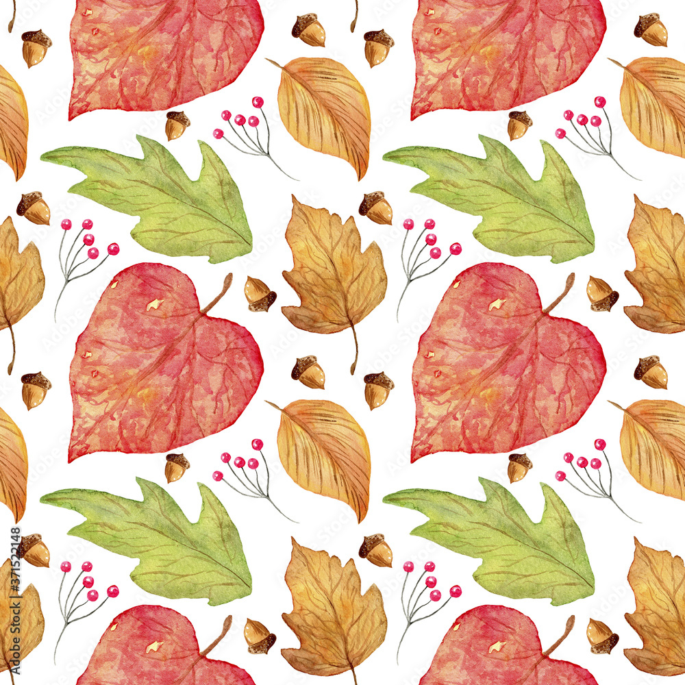 Watercolor seamless autumn pattern with leaves, pumpkins and acorns on an orange background
