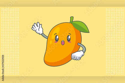 WOW ,SURPRISED, AMAZED, DISMAY Face Emotion. Waving Hand Gesture. Yellow Mango Fruit Cartoon Drawing Mascot Illustration.