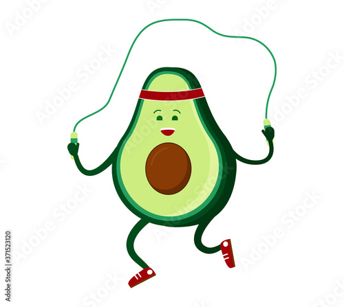 Cute avocado jumping rope. go in for sports. Healthy food, healthy lifestyle, vegetarianism. Vector isolated illustration on white background.