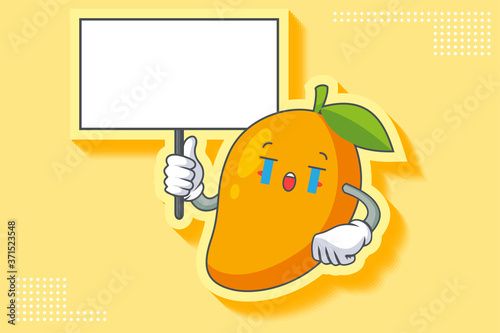 CRYING, SAD, SOB, CRY Face Emotion. Holding Whiteboard Hand Gesture. Yellow Mango Fruit Cartoon Drawing Mascot Illustration.