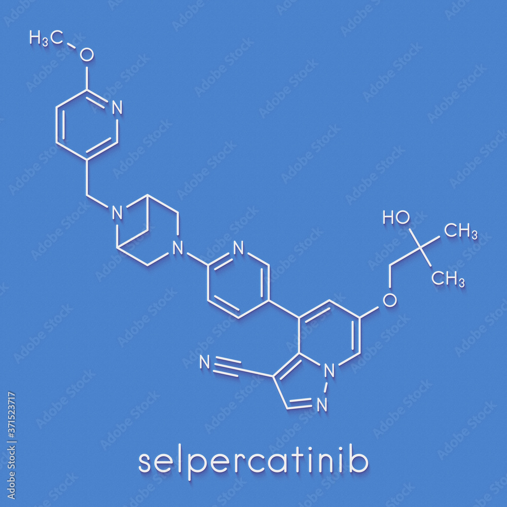 Selpercatinib cancer drug molecule. Skeletal formula. Selpercatinib cancer drug molecule. Skeletal formula.
