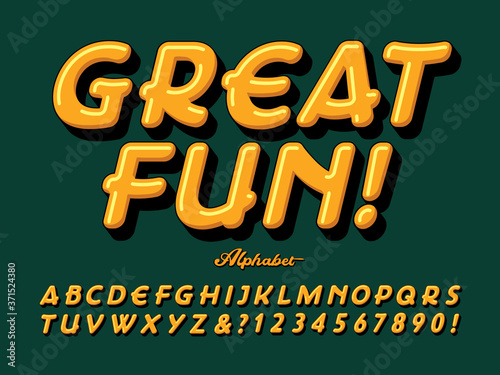 A Fat and Rounded Font. Great Fun is a 3d Effect Alphabet with a Youthful and Silly Vibe. Bright Yellow and Black on Green with Line Highlights Gives This Lettering a Cartoon Style Feel.