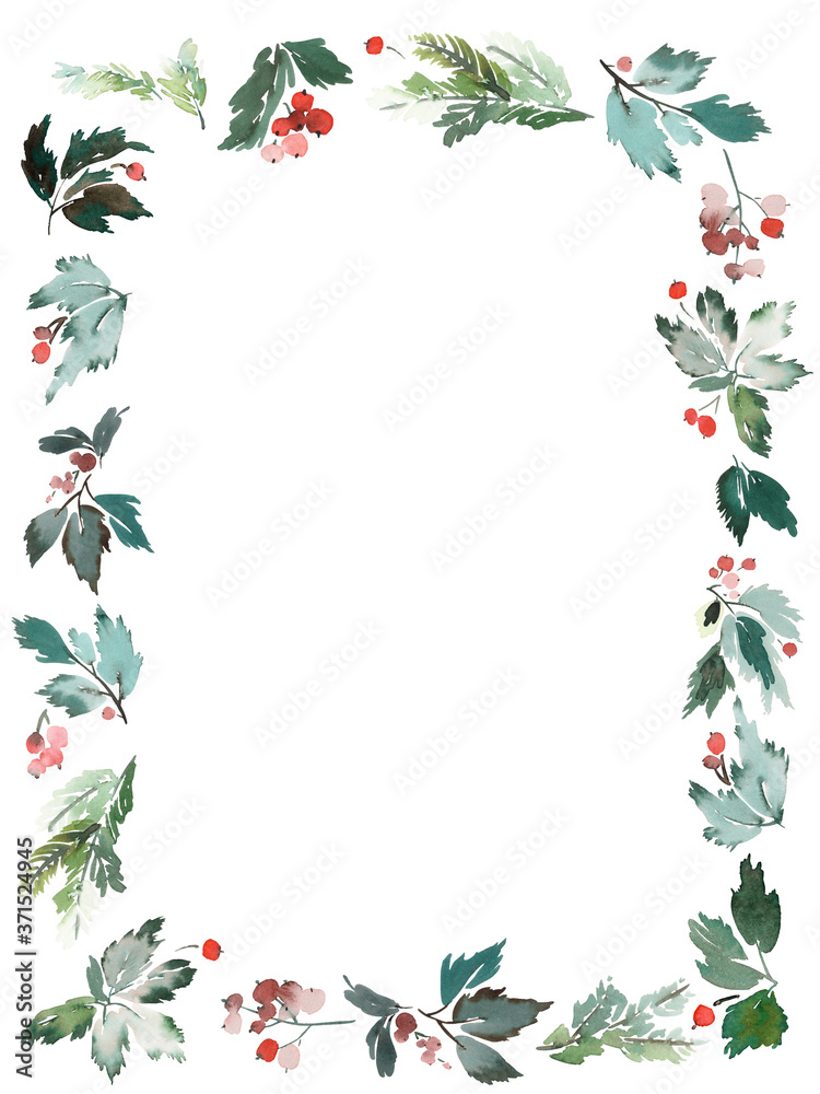 Naklejka premium Christmas wreath with berries watercolor postcard.