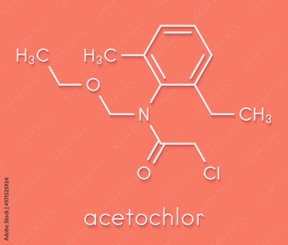 Acetochlor herbicide molecule. Skeletal formula. Acetochlor herbicide molecule. Skeletal formula.