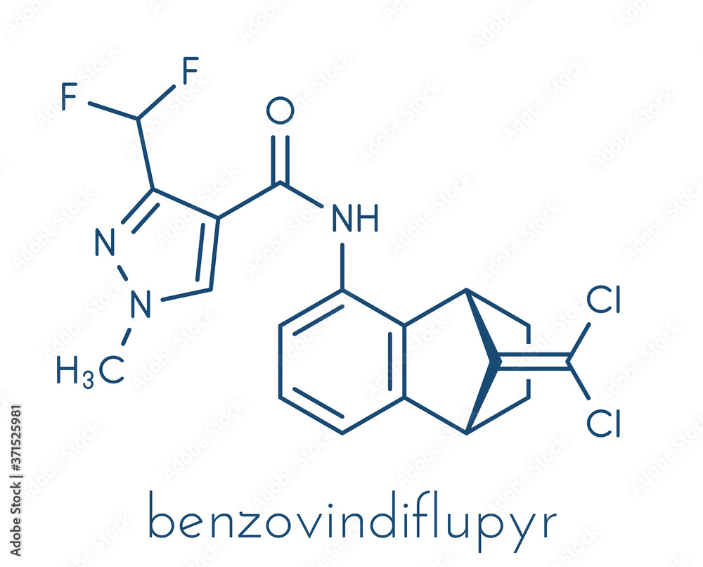Benzovindiflupyr fungicide molecule. Skeletal formula. Benzovindiflupyr fungicide molecule. Skeletal formula.