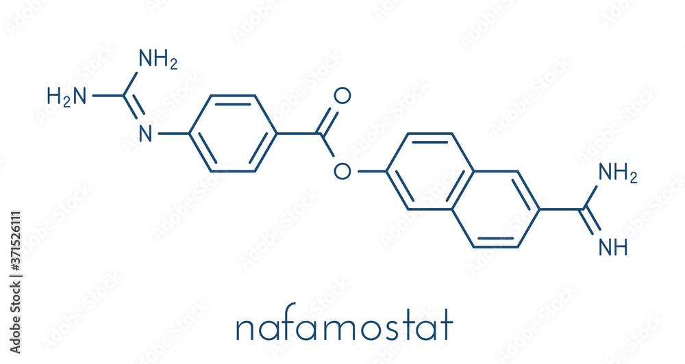 Obraz premium Nafamostat drug molecule (serine protease inhibitor). Skeletal formula.
