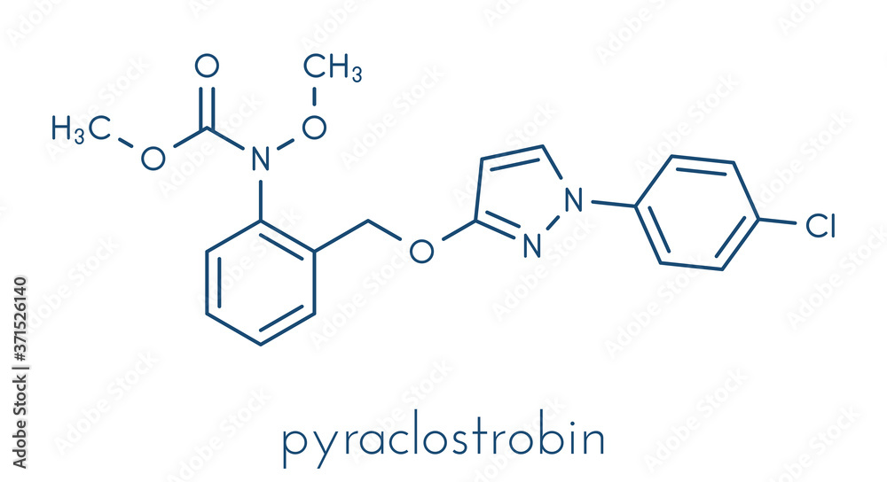 Pyraclostrobin fungicide molecule. Skeletal formula. Pyraclostrobin fungicide molecule. Skeletal formula.