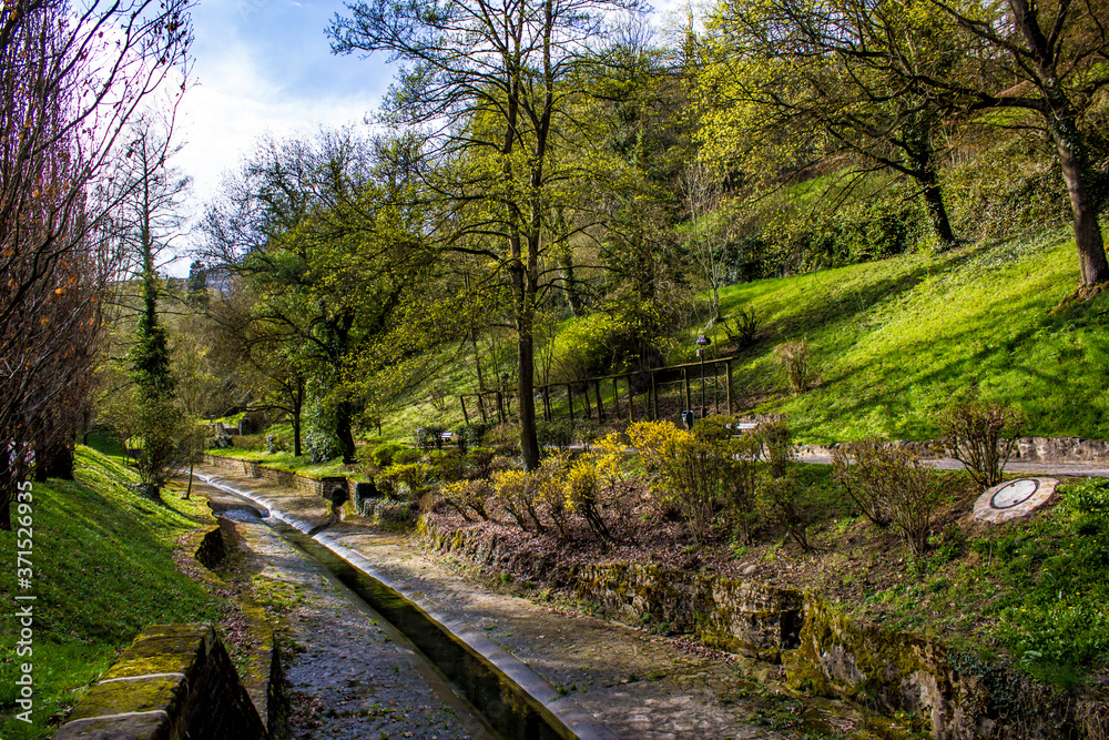 Fresh Spring Growth Blooms on Trees Lining the Cobblestone Path through Beautiful Municipal Park in Luxembourg City, Luxembourg Fresh Spring Growth Blooms on Trees Lining the Cobblestone Path through Beautiful Municipal Park in Luxembourg City, Luxembourg