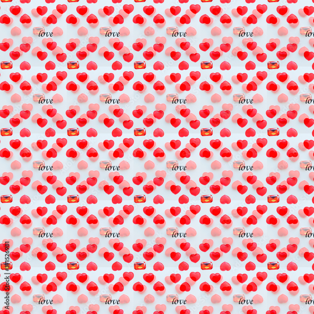 Seamless pattern on a white background with red hearts, red translucent crystal, the word love. Romantic pattern in contrasting shades. Valentine's day. Seamless pattern on a white background with red hearts, red translucent crystal, the word love. Romantic pattern in contrasting shades. Valentine's day.