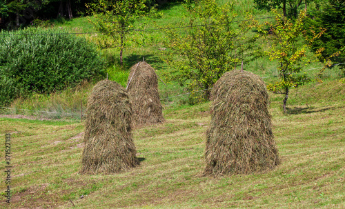 stacks of hay in rural Romania, traditional village working