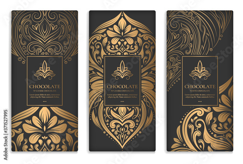 Black and gold packaging design of chocolate bars. Vintage vector ornament template. Elegant, classic elements. Great for food, drink and other package types. Can be used for background and wallpaper.