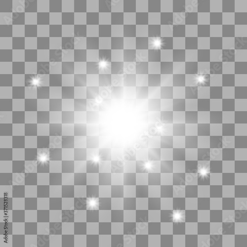 White glowing light burst explosion transparent. Vector illustration for cool effect decoration with ray sparkles. Bright star. Transparent shine gradient glitter, bright flare. Glare texture. © Chudik