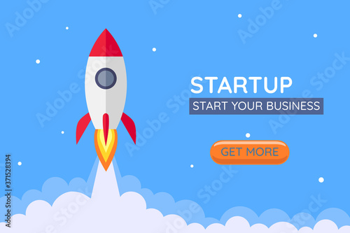 Rocket on the sky startup simple flat bold landing webpage template. Vector illustration