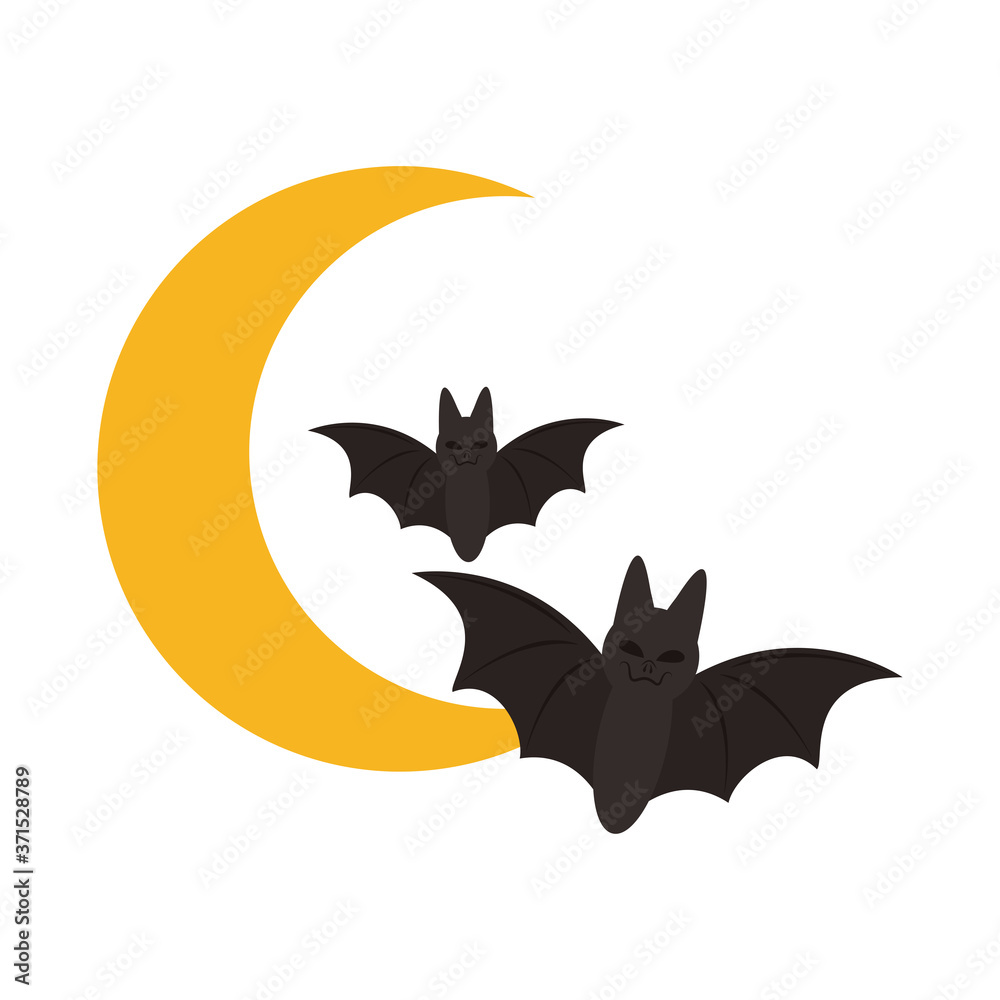 happy halloween, flying bats and half moon night trick or treat party celebration flat icon