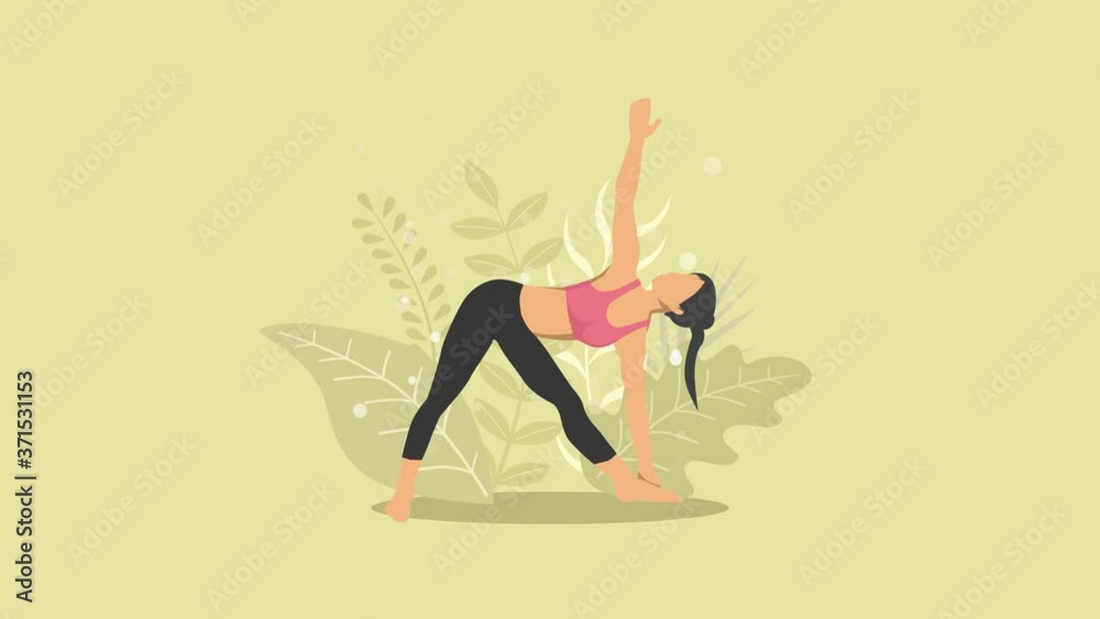 Woman does yoga exercise in nature. Triangle pose. Female cartoon character demonstrating yoga pose. Healthy lifestyle. Loop animation. Woman does yoga exercise in nature. Triangle pose. Female cartoon character demonstrating yoga pose. Healthy lifestyle. Loop animation.