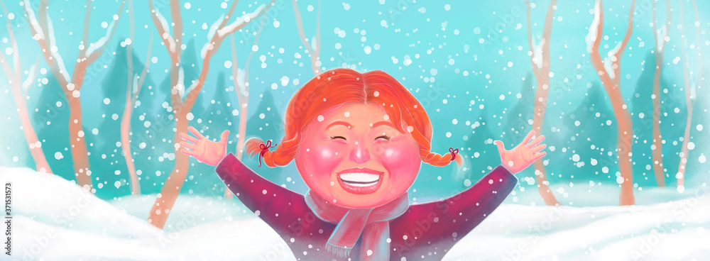 Fototapeta premium hand-drawn little girls. Happy girl rejoices in the snow spreading her arms to the sides on a winter background. The arrival of winter, the first snow.