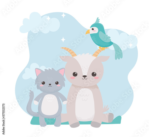 cute goat cat and parrot cartoon animals in a natural landscape