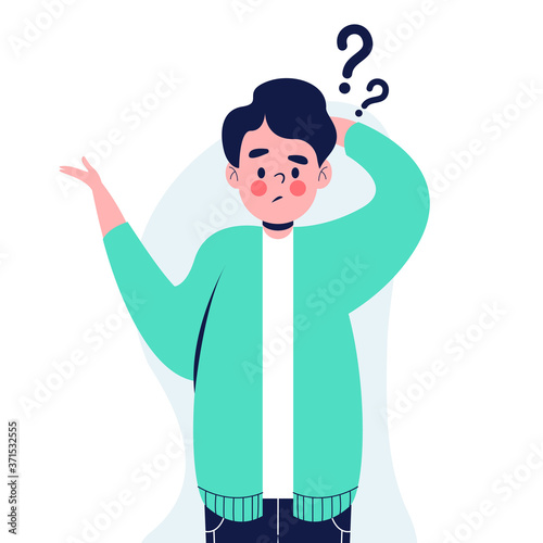 Man with question marks. thinking guy flat design vector illustration