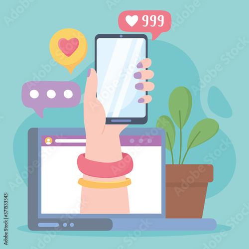 female hand with smartphone in laptop like follow social network communication and technologies