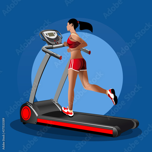 Girl on the treadmill. Running girl. Fitness design. Vector illustration