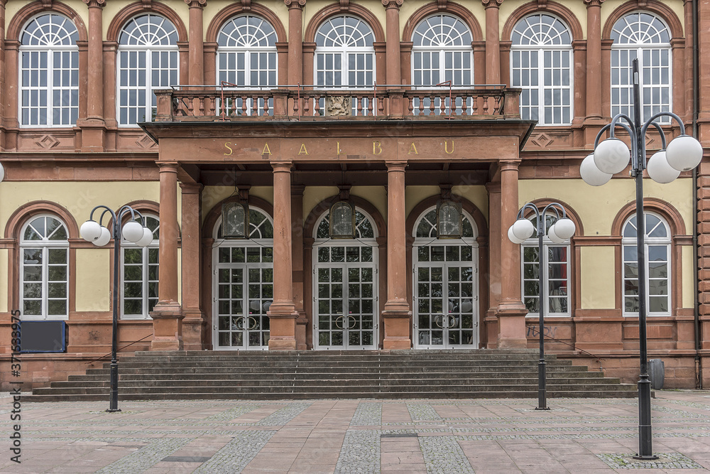 View of Saalbau (1871 - 1873) - centre of cultural life in Neustadt. Neustadt-an-der-Weinstrasse - town in Rheinland-Pfalz, heart of German Wine Road (Deutsche Weinstrasse).