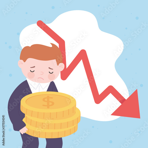 bankruptcy sad businessman with coins and down arrow business financial crisis
