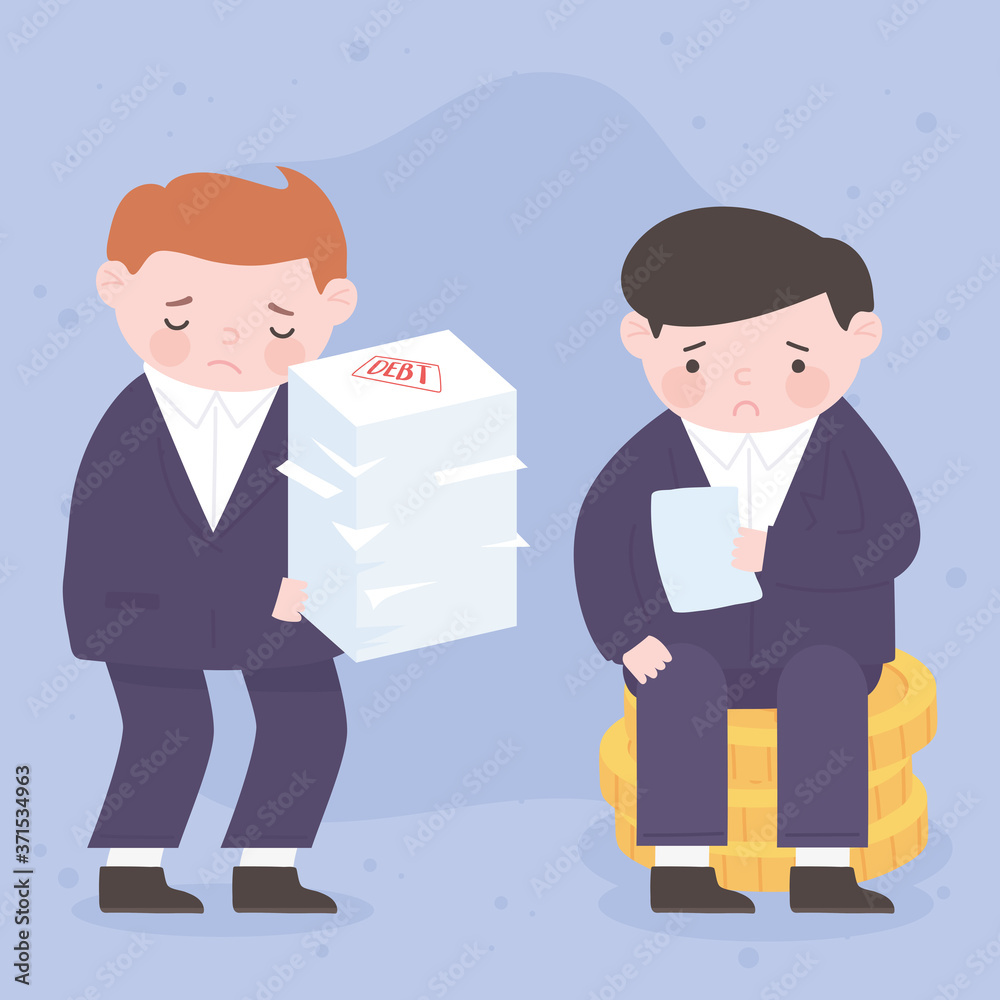 bankruptcy businessmen with debt paper and coins money business financial crisis bankruptcy businessmen with debt paper and coins money business financial crisis