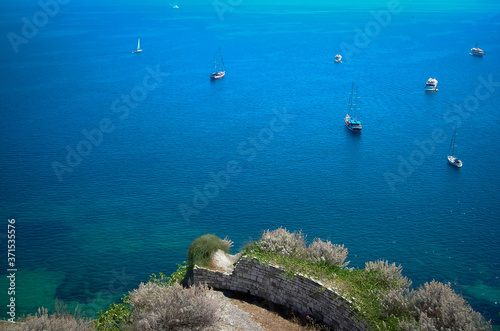 Sea and boats seen from old Corfu fortress, Greece