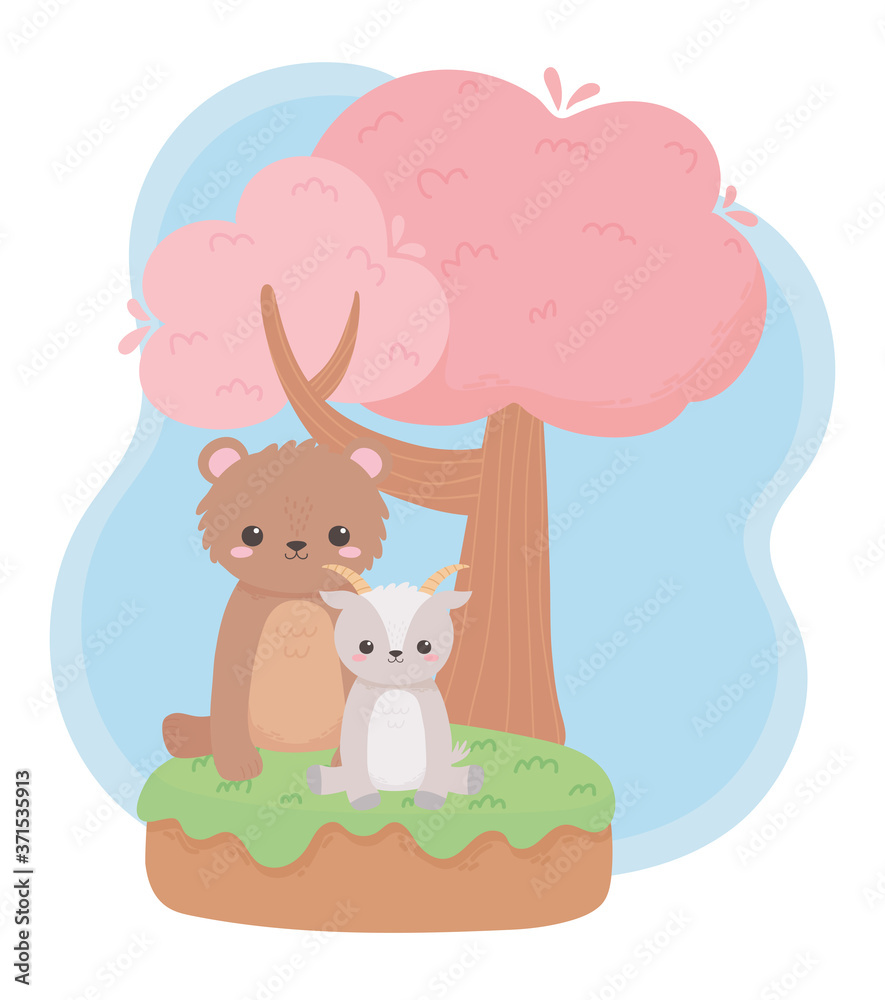 Fototapeta premium cute little bear goat tree cartoon animals in a natural landscape