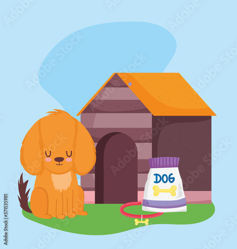 pet shop  dog sitting with collar food and house animal domestic cartoon