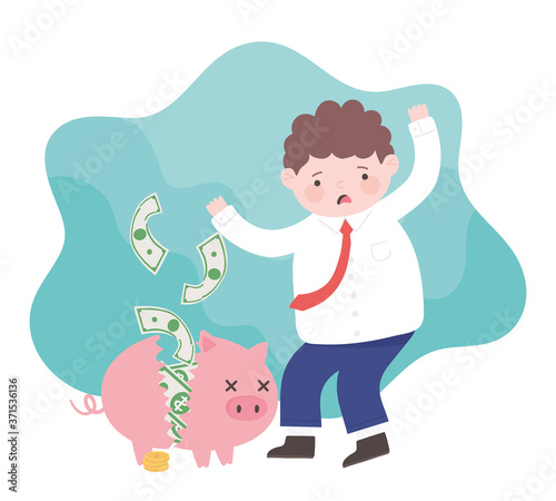 bankruptcy sad businessman and broken piggy bank money coins business financial crisis