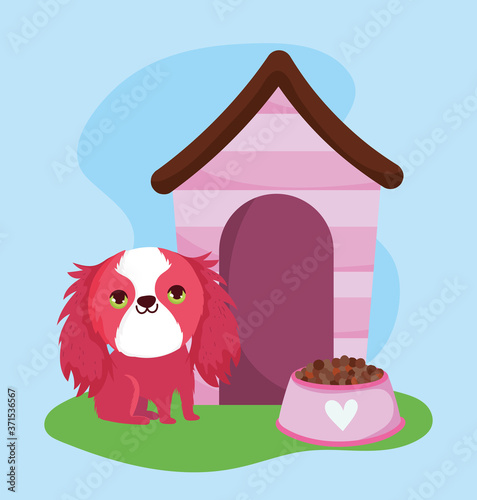 pet shop, shaggy dog with food and house animal domestic cartoon