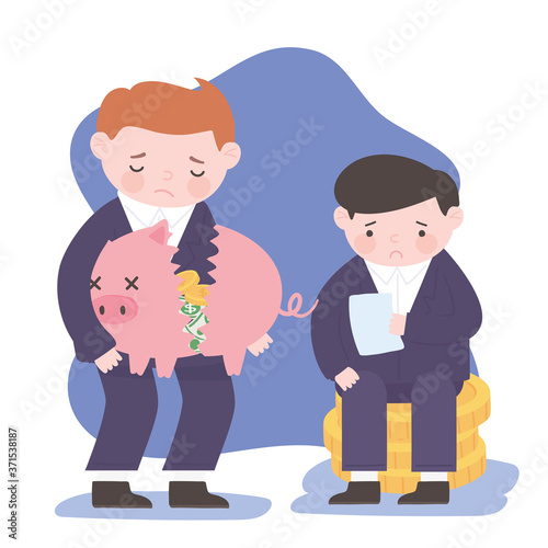 bankruptcy businessmen holding piggy bank and coins business financial crisis