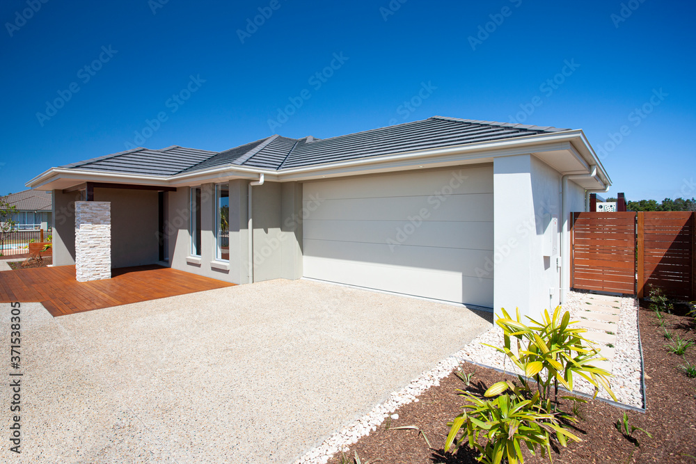 Front view of a modern house with garage