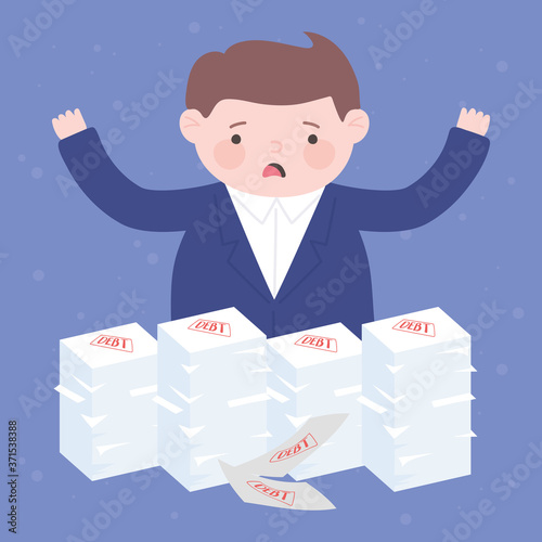 bankruptcy worried businessman with debt stacked papers business financial crisis