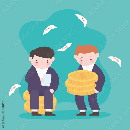 bankruptcy businessmen stack of coins and falling papers debt business financial crisis