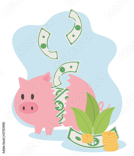 bankruptcy business financial crisis broken piggy bank falling banknote money and coins