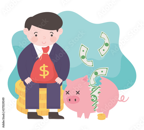 bankruptcy sad businessman piggy bank money bag business financial crisis