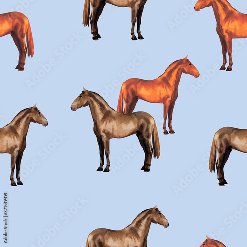 seamless background of realistic figures of horses  on a blue background for packaging  postcards  notebooks  fabrics