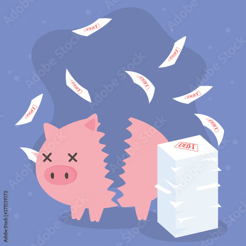 bankruptcy broken piggy bank and stack of debt papers business financial crisis