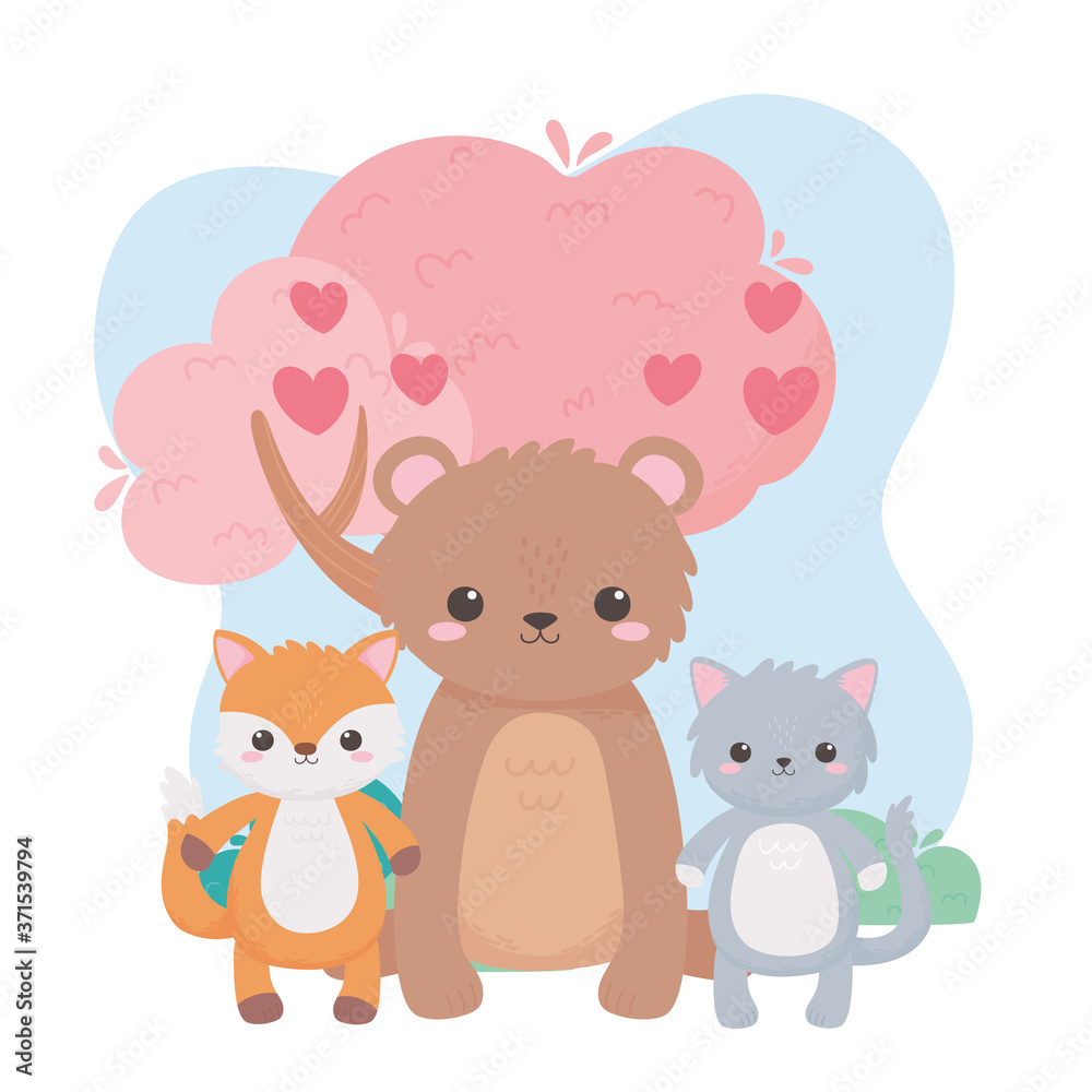 cute bear cat fox tree hearts lovely cartoon animals in a natural landscape cute bear cat fox tree hearts lovely cartoon animals in a natural landscape