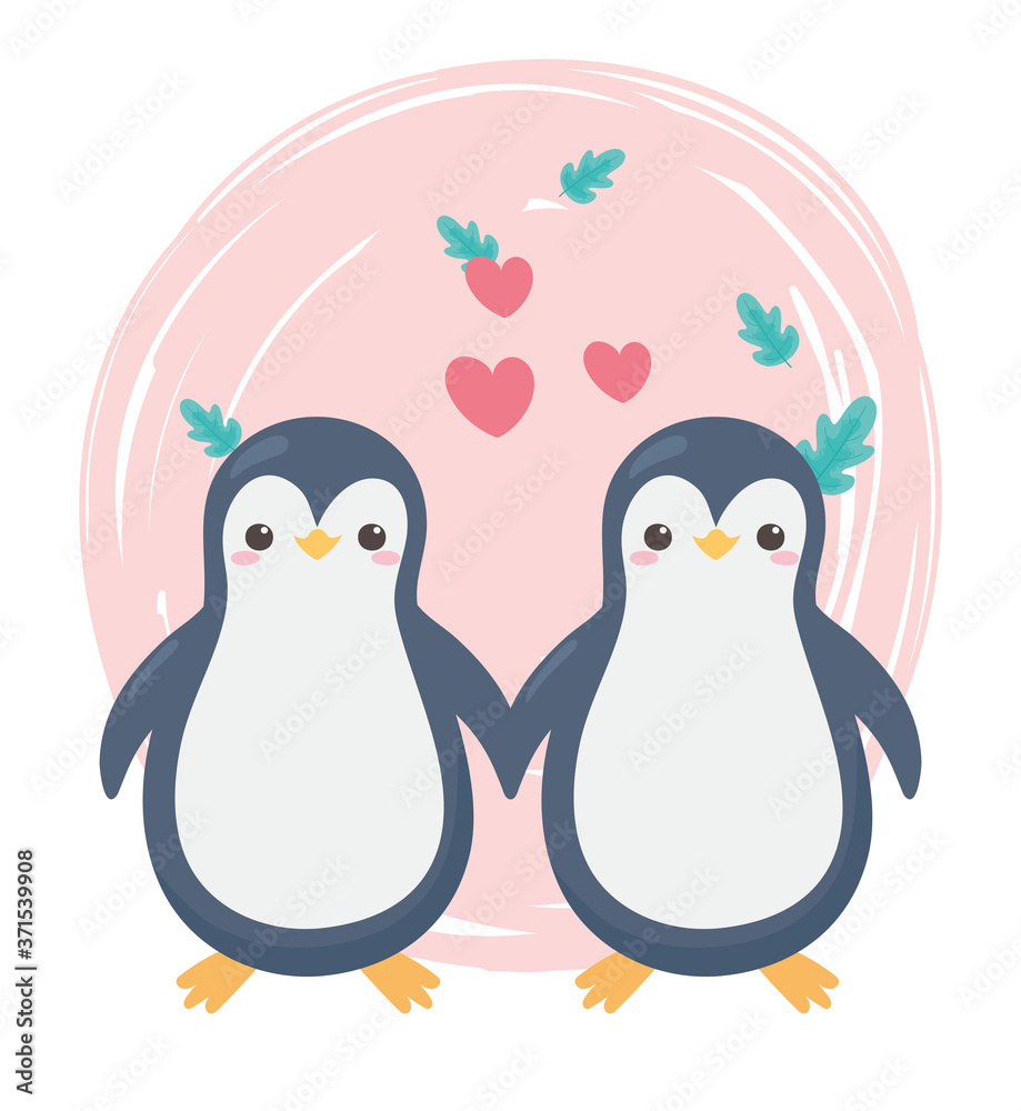 Fototapeta premium cute couple penguin hearts leaves cartoon animals in a natural landscape