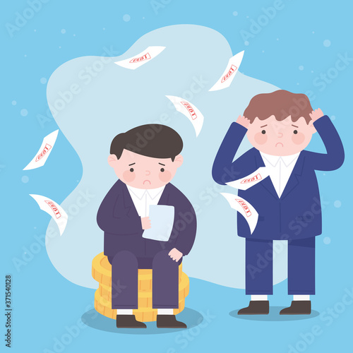 bankruptcy businessmen sitting on coins with debt sheets business financial crisis