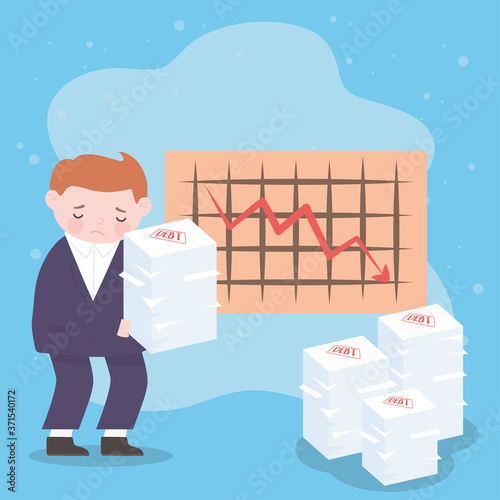 bankruptcy sad businessman stack of debt papers and diagram down arrow business financial crisis