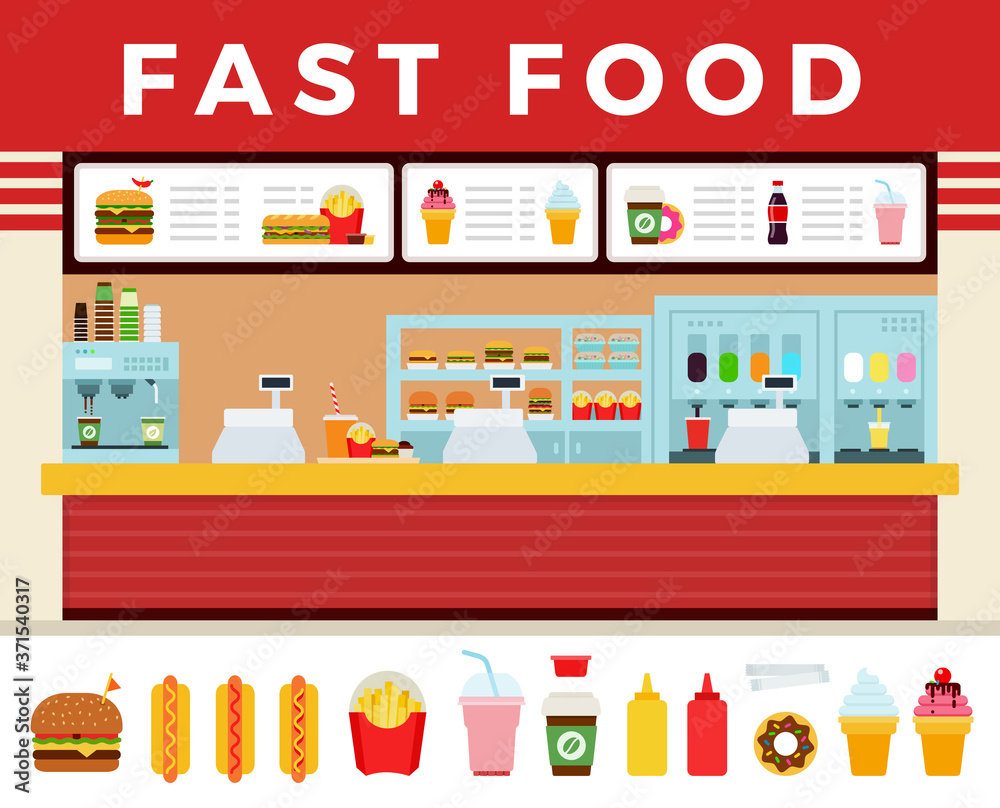Fast food restaurant interior vector illustration. Fast food