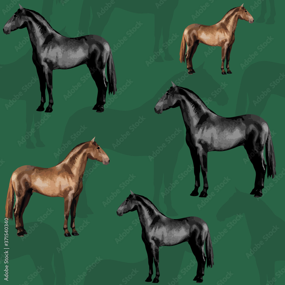 seamless background of realistic figures of horses, on a dark green background for packaging, postcards, notebooks, fabrics seamless background of realistic figures of horses, on a dark green background for packaging, postcards, notebooks, fabrics