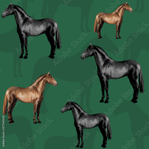 seamless background of realistic figures of horses, on a dark green background for packaging, postcards, notebooks, fabrics