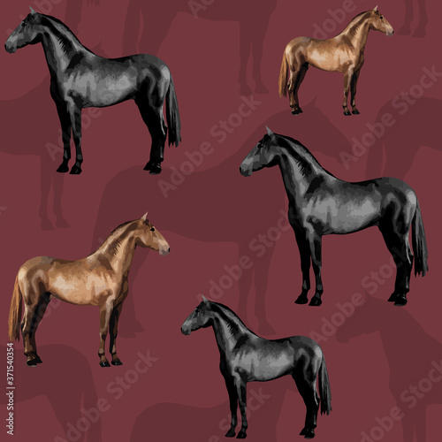 seamless background of realistic figures of horses  on a maroon background for packaging  postcards  notebooks  fabrics