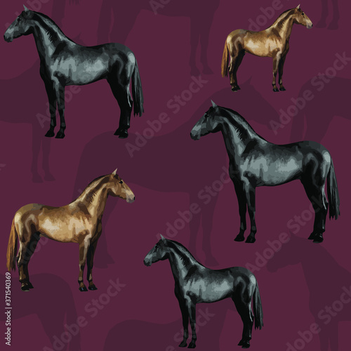 seamless background of realistic figures of horses, on a maroon background for packaging, postcards, notebooks, fabrics